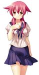  arm_at_side blue_skirt blush brown_eyes hand_on_own_chest kunai_uri looking_at_viewer original pink_hair school_uniform simple_background skirt smile solo standing white_background 