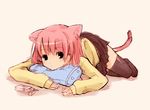  animal_ears black_eyes cat_ears long_sleeves lying nagisa_honoka original pillow pink_hair short_hair skirt solo tail thighhighs 