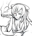  artist_request breasts cleavage greyscale heterochromia holding holding_pipe kiseru large_breasts long_hair monochrome pipe rozen_maiden smoking solo suiseiseki 