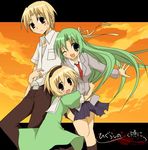  2girls :o ;d belt blazer blonde_hair blue_skirt collared_shirt copyright_name dress green_dress green_eyes green_hair higurashi_no_naku_koro_ni houjou_satoko houjou_satoshi jacket letterboxed long_hair long_sleeves looking_at_viewer lowres multiple_girls necktie one_eye_closed open_mouth pants pantyhose red_eyes red_neckwear sailor_collar shirt short_sleeves skirt smile sonozaki_shion suzushiro_kurumi sweatdrop white_shirt 