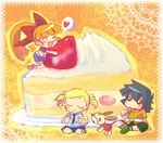  ^_^ akazutsumi_momoko artist_request blonde_hair blush_stickers cake closed_eyes food fruit goutokuji_miyako green_eyes heart hyper_blossom lowres matsubara_kaoru minigirl multiple_girls necktie plate pleated_skirt powerpuff_girls_z sitting skirt slice_of_cake smile source_request spoken_heart strawberry strawberry_shortcake 