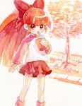  akazutsumi_momoko artist_request bangs blunt_bangs bow cup drinking drinking_straw hair_bow holding holding_cup hyper_blossom looking_at_viewer outdoors powerpuff_girls_z red red_bow red_eyes red_hair red_skirt sidewalk skirt solo standing tree 