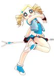  artist_request ass blonde_hair blue_eyes blue_skirt drill_hair earrings fingerless_gloves gloves goutokuji_miyako jacket jewelry leg_up looking_at_viewer pearl_earrings powerpuff_girls_z rolling_bubbles shoes skirt sneakers solo staff twin_drills twisted_torso upskirt white_background 