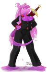  2019 anthro biped breasts cleavage clothed clothing digital_media_(artwork) dragon eyelashes female full-length_portrait fully_clothed goo_creature hair hi_res horn hybrid long_hair looking_at_viewer melee_weapon pants poethewondercat portrait pose purple_body purple_eyes purple_hair purple_horn purple_tail shirt simple_background solo standing sword translucent_body translucent_tail weapon white_background 