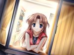  bekkankou blue_eyes blush bookshelf brown_hair crossed_arms from_outside game_cg looking_out_window solo takamizawa_natsuki window yoake_mae_yori_ruri_iro_na 