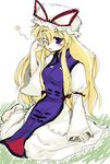  blonde_hair hat long_hair long_sleeves purple_eyes sleepy solo touhou yakumo_yukari yazuma666 