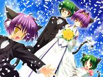  2girls ahoge animal_ears aoi_yuuji bouquet bride cat_ears cat_tail confetti dress dutch_angle family fang flower formal game_cg glasses green_hair hironao_(puni_puni_handmaid) kurohime_(puni_puni_handmaid) long_sleeves multiple_boys multiple_girls puni_puni_handmaid purple_hair red_eyes spoilers suit tail tiara wedding wedding_dress yellow_eyes 