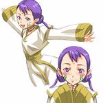  blush cloak eureka_seven eureka_seven_(series) facial_mark forehead_mark long_sleeves looking_at_viewer mosha open_mouth outstretched_arms purple_eyes purple_hair sakuya_(eureka_seven) sleeves_past_wrists solo spread_arms tattoo twintails white_background 