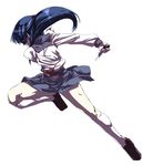  asakura_ryouko blue_hair blue_sailor_collar full_body holding holding_weapon kita_high_school_uniform kneehighs knife long_hair long_sleeves running sailor_collar school_uniform serafuku shoes skirt solo suzumiya_haruhi_no_yuuutsu tokyo_(great_akuta) weapon white_legwear 