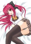  bed_sheet black_legwear black_panties bow corticarte_apa_lagranges hair_bow long_sleeves minamori_noeru panties pantyshot plaid plaid_skirt red_hair school_uniform shinkyoku_soukai_polyphonica skirt solo thighhighs underwear 