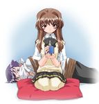  1girl artist_request bdsm black_bow black_neckwear blue_eyes blush bondage bound bow bowtie brown_hair cup cushion duplicate gagged holding holding_cup jpeg_artifacts kamishiro_maiku long_hair lying morino_ichigo on_side onegai_teacher onegai_twins pleated_skirt purple_hair red_eyes rope school_uniform seiza short_sleeves sitting skirt sweater_vest tea thighhighs yunomi zabuton 