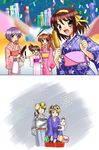  4girls :d aerial_fireworks asahina_mikuru bag bagged_fish blue_kimono blush brown_eyes brown_hair candy_apple chocolate_banana closed_eyes corn festival fireworks fish food hair_bobbles hair_ornament hair_ribbon hair_stick holding holding_bag holding_food ikayaki japanese_clothes kimono koizumi_itsuki kyon kyon_no_imouto long_hair long_sleeves looking_at_viewer mask mask_on_head multiple_boys multiple_girls nagato_yuki obi open_mouth pink_kimono print_kimono purple_hair ribbon sash short_hair short_ponytail side_ponytail smile standing suzumiya_haruhi suzumiya_haruhi_no_yuuutsu sweatdrop tanabata tanzaku white_kimono yakitoumorokoshi yukata 