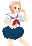  :d bad_anatomy blouse clenched_hands feet_out_of_frame forehead hand_up kuzuryuu_momoko miniskirt mizuki_makoto neckerchief open_mouth outstretched_hand pink_hair pleated_skirt red_neckwear school_uniform serafuku short_hair short_sleeves skirt smile solo standing sumomomo_momomo topknot white_blouse 