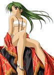  anklet bandeau barefoot bikini breasts cyamna_fon earrings green_hair hashimoto_takashi jewelry legs long_hair long_legs necklace red_eyes shawl side-tie_bikini sitting small_breasts smile solo strapless swimsuit tan wind with_you 