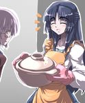  ^_^ ^o^ apron asakura_ryouko closed_eyes half_updo holding kita_high_school_uniform long_sleeves multiple_girls nagato_yuki orange_apron oven_mitts pot school_uniform serafuku suzumiya_haruhi_no_yuuutsu tokyo_(great_akuta) 