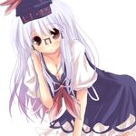  :o adjusting_eyewear bangs bent_over bespectacled blush breasts cleavage dress eyebrows_visible_through_hair glasses hand_up hat kamishirasawa_keine long_hair looking_at_viewer lowres medium_breasts open_mouth raised_eyebrows red_eyes rikudou_inuhiko silver_hair simple_background solo touhou white_background 