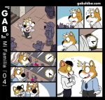  blonde_hair blue_jacket blush canid canine canis clothing comic crowd domestic_dog dress_shirt female gabshiba group hair heterosexuality male mammal necktie pink_shirt shiba_inu shirt slacks spanish_text text watch 