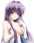  blush breasts clannad fujibayashi_kyou long_hair navel nude open_towel otoki_raku pose purple_eyes purple_hair solo towel upper_body 