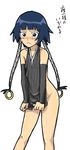  artist_request bleach blue_hair blush bottomless covering covering_crotch gloves lowres shirt_tug short_hair_with_long_locks solo sui-feng sweat translation_request 