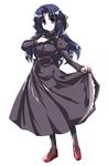  alternate_costume asakura_ryouko black_dress black_legwear blue_eyes blue_hair blush bow dress full_body hair_bow long_sleeves looking_at_viewer red_footwear shoes skirt_hold solo standing suzumiya_haruhi_no_yuuutsu tokyo_(great_akuta) white_background 