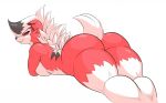  anthro anthrofied breasts butt canid canine danonymous female fur looking_at_viewer looking_back lycanroc lying mammal midnight_lycanroc nintendo pok&eacute;mon pok&eacute;mon_(species) raised_tail rear_view red_eyes red_fur simple_background smile solo teeth video_games white_background white_fur 
