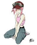  1girl flcl pink_hair solo tank_top yellow_eyes 