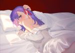  1girl bare_shoulders blush commentary_request eyebrows_visible_through_hair fate/stay_night fate_(series) hair_between_eyes hair_ribbon highres kumo_ryuun long_hair looking_at_viewer lying matou_sakura off_shoulder on_stomach purple_eyes purple_hair red_ribbon ribbon shirt 