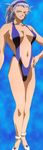  90s blue_background blue_hair breasts highres nagi_(tenchi_muyou!) orange_eyes screencap slingshot_swimsuit solo spiked_hair swimsuit tenchi_muyou! tenchi_muyou!_uchuu_hen 