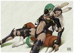  1girl animal_ears azasuke ba'gamnan bangaa breast_grab breasts bunny_ears final_fantasy final_fantasy_xii fran grabbing medium_breasts midriff navel revealing_clothes scales sleep_molestation sleeping viera white_hair 