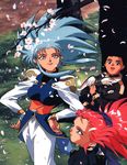  2girls 90s artist_request black_hair blue_hair brown_eyes cabbit cherry_blossoms green_eyes hair_slicked_back hakubi_washuu long_sleeves masaki_tenchi multiple_girls red_hair ryou-ouki ryouko_(tenchi_muyou!) spiked_hair tenchi_muyou! yellow_eyes 