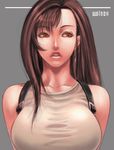  artist_name asymmetrical_bangs bangs breasts brown_hair buckle collarbone earrings final_fantasy final_fantasy_vii grey_background jewelry large_breasts lips long_hair looking_to_the_side orange_eyes parted_lips realistic simple_background sleeveless solo taut_clothes teeth tifa_lockhart upper_body walnov 