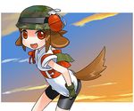  animal_ears army-san bike_shorts brown_hair camouflage dog_ears dog_tail evening explosive fingerless_gloves gloves grenade helmet hirai_yukio lowres open_mouth pixel_maritan red_eyes sky solo tail 