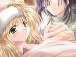  1girl black_hair blanket blonde_hair holding_hands izumo kurashima_nagisa lying parted_lips short_hair towel towel_on_head yamamoto_kazue yellow_eyes 