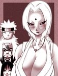  3boys blush border breasts cleavage closed_eyes facial_mark forehead_mark forehead_protector grin headband huge_breasts japanese_clothes jewelry jiraiya lipstick long_hair makeup mature monochrome multiple_boys nakagami_takashi naruto naruto_(series) necklace orochimaru pendant short_hair smile spiked_hair spikes sweat tsunade twintails uzumaki_naruto whisker_markings 