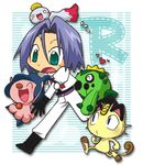  artist_request belt blue_hair cacnea cat chimecho gen_1_pokemon gen_3_pokemon gen_4_pokemon green_eyes heart kojirou_(pokemon) long_sleeves lowres male_focus meowth mime_jr. pokemon pokemon_(anime) pokemon_(creature) team_rocket 