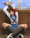  armband black_legwear blue_sailor_collar blue_skirt brown_hair kita_high_school_uniform kneehighs long_sleeves minarai_zouhyou panties pantyshot pantyshot_(sitting) sailor_collar school_uniform serafuku short_hair sitting skirt solo suzumiya_haruhi suzumiya_haruhi_no_yuuutsu underwear white_panties 