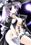  belt blue_eyes breasts cleavage cloak cross duplicate gloves hat large_breasts long_hair no_bra no_panties nomal open_clothes original pentagram purple_hair single_thighhigh solo thigh_strap thighhighs white_legwear witch witch_hat 