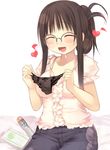  arima_senne black_panties bow bow_panties glasses happy holding holding_panties kashiwamochi_yomogi music original panties saliva singing solo underwear 