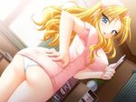  ass blonde_hair blue_eyes breasts emily_(pure_dream) from_behind game_cg hand_on_hip large_breasts long_hair looking_back moero_downhill_night_2 nurse panties solo thermometer toudouin_reiko underwear white_panties 