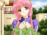  bag brown_eyes building bush carnelian cloud day food game_cg hairband holding leaf lens_no_mukougawa long_sleeves parted_lips pink_hair pipes plastic_bag sky solo takaoka_mimori track_suit twintails vegetable 