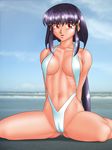  abs artist_request beach breasts day masaki_aeka_jurai muscle purple_hair red_eyes ribs slingshot_swimsuit solo swimsuit tenchi_muyou! 