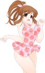  asahina_mikuru blush breast_squeeze breasts brown_eyes brown_hair casual_one-piece_swimsuit covered_nipples d: face frilled_swimsuit frills hands large_breasts one-piece_swimsuit open_mouth polka_dot polka_dot_swimsuit ponytail simple_background solo suzumiya_haruhi_no_yuuutsu swimsuit tears wavy_mouth yamaguchi_homupe 