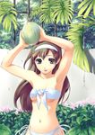  armpits arms_up bare_shoulders bikini breasts brown_eyes brown_hair hairband long_hair medium_breasts mifumi_takafumi morikawa_yuki side-tie_bikini solo swimsuit tongue underboob white_album 