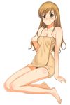  a1 bare_shoulders barefoot blush brown_hair feet highres jpeg_artifacts long_hair maria-sama_ga_miteru naked_towel no_panties open_mouth orange_eyes pubic_hair pussy_peek sitting solo toes toudou_shimako towel wet 