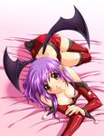  absurdres bed cover demon_girl earrings game_cover highres iizuki_tasuku jewelry mimi_(sweet_devil) panties pantyshot pencil_skirt pink_eyes pointy_ears purple_hair red_legwear skirt succubus sweet_devil thighhighs underwear white_panties wings 