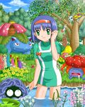  beautifly blue_hair bow chimecho cloud day dress erika_(pokemon) flower gen_1_pokemon gen_2_pokemon gen_3_pokemon gloom grass green_eyes gym_leader hairband lotad pokemoa pokemon pokemon_(anime) pokemon_(creature) short_hair smile standing sudowoodo tangela tree venusaur water weepinbell 