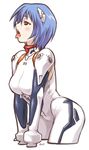  ayanami_rei bangs blue_hair blush bodysuit bracer breasts cowboy_shot from_side gloves hair_between_eyes half-closed_eyes headgear large_breasts leaning_forward looking_to_the_side maruto! neon_genesis_evangelion number open_mouth pilot_suit plugsuit profile red_eyes short_hair signature simple_background solo tongue tongue_out turtleneck white_bodysuit 