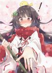  1girl alternate_costume bangs bird black_hair blush commentary_request dress eyebrows_visible_through_hair girls_frontline hair_ornament highres holding hyakka_onibi jewelry long_hair long_sleeves looking_at_viewer petals red_eyes red_scarf ring scarf simple_background solo type_100_(girls_frontline) white_dress 