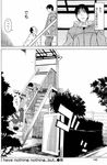  coat comic copyright_request greyscale highres long_sleeves monochrome multiple_boys punching stairs takemura_sesshuu translated 
