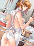  apron ass back breasts brown_eyes brown_hair cooking covered_nipples daiakuji from_behind game_cg jpeg_artifacts kitchen ladle looking_back medium_breasts min-naraken naked_apron panties short_hair sideboob solo spatula tanzawa_shizu underwear white_panties window 